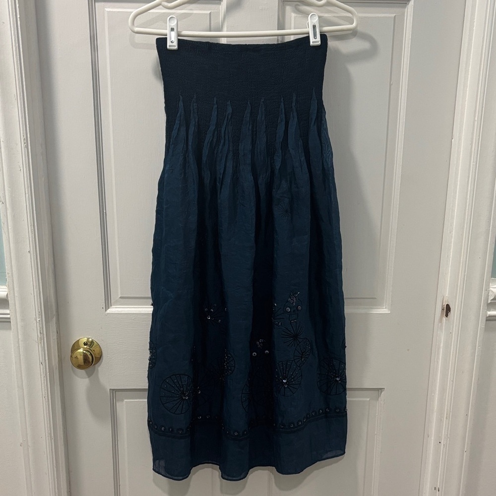 Lapis Smocked Strapless Midi Dress Convertible Skirt Beaded Dk Blue OSFA - Picture 5 of 6